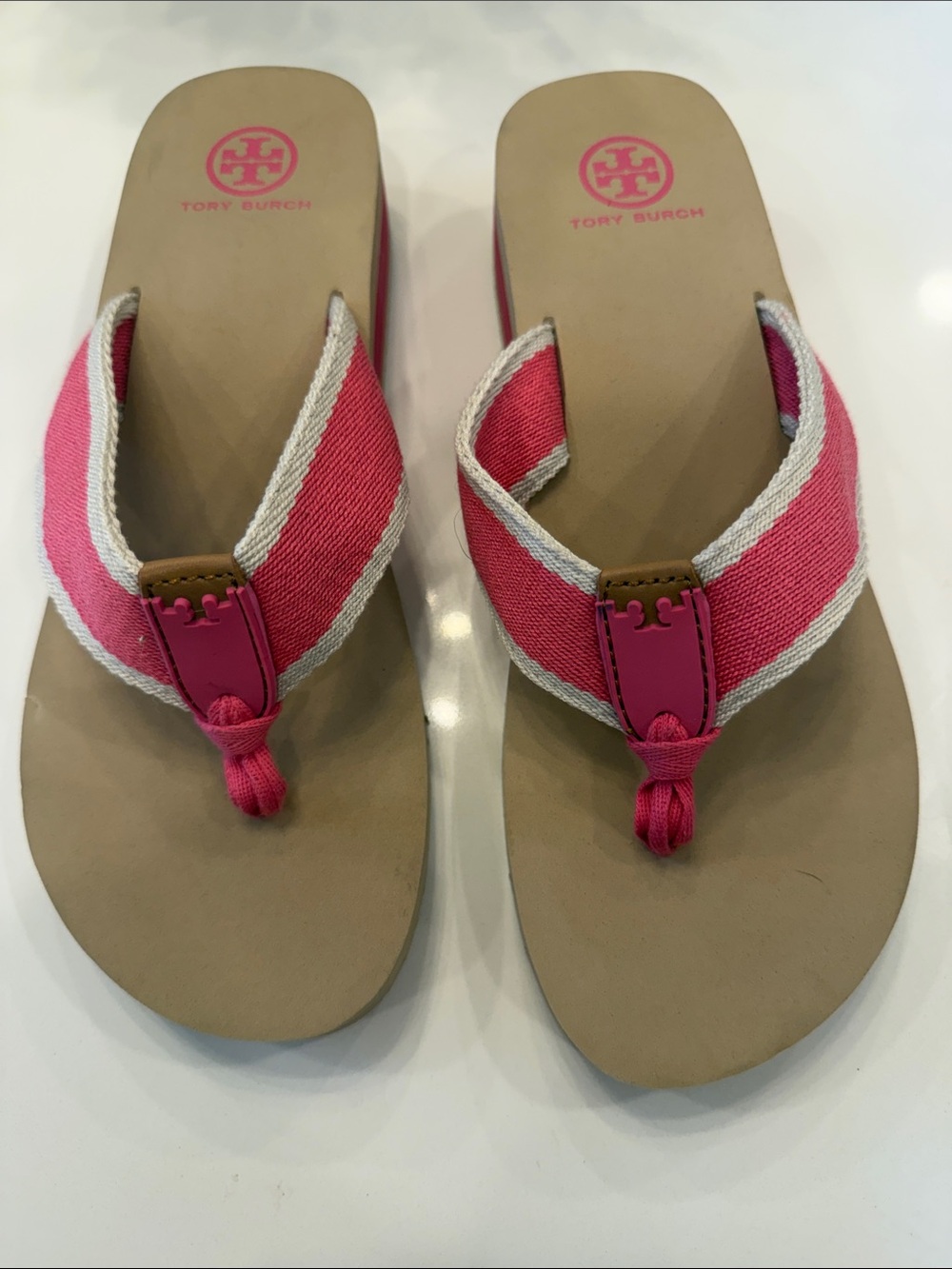 Tory Burch Pink Canvas Thong Sandals with Tan Footbed